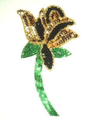 E431 Black Gold Rose Sequin Beaded Applique  6"
