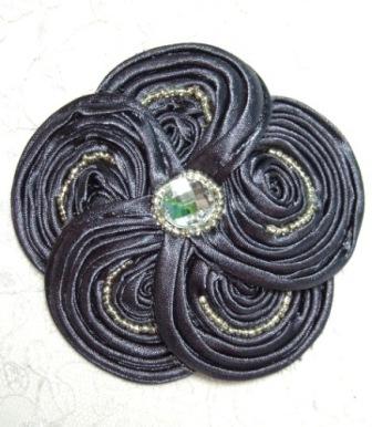 E5984  Gray Victorian Silky Ribbon Flower Brooch 3.5"