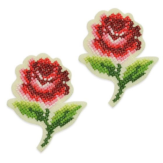 Red Rose Applique Pair Embroidered Cross Stich Iron On Patch 2.25" ESA5048