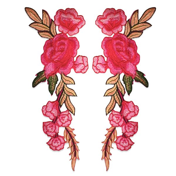 Pink Rose Applique Mirror Pair Embroidered Iron On Clothing Patch 10.5" ESA6417X