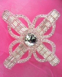 FS382 Silver X Beaded Rhinestone Applique 3.75"