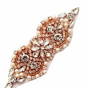Rose Gold Applique Crystal Rhinestones w/ Pearls Beaded Clothing Patch 4.75" (GB612)