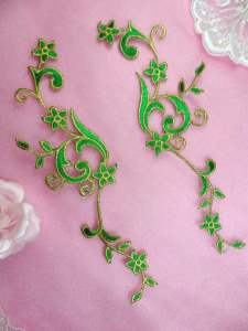 GB90 MIRROR PAIR Green Gold Metallic Flower Vine Iron On Designer Embroidered Applique 9"