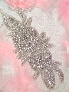 XR17 Catherine Rose Double Floral Glass Beaded Rhinestone Applique 7.25"