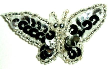 LC333  Silver Butterfly Sequin Beaded Applique 1.75"