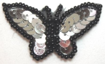 LC336 Silver Black Butterfly Sequin Beaded Applique 1.75"