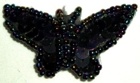 LC338  Black AB Butterfly Sequin Beaded Applique 1.75"