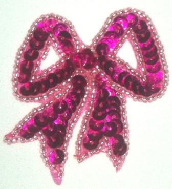 LC359  Fuchsia Silver Bow Sequin Beaded Applique  2.25"