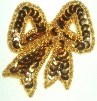 LC359  Gold Bow Sequin Beaded Applique  2.25"