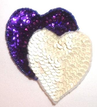 LC362 Purple White Double Heart Sequin Beaded Applique  3.75"