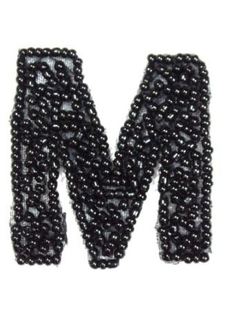 K1  Black Beaded Letter ( M ) Applique  1.75"
