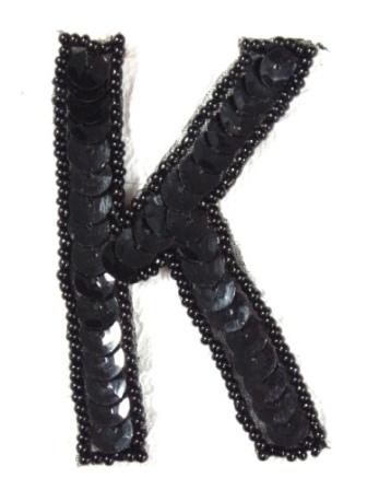 K2  Black Sequin Letter ( K ) Applique  2.75"