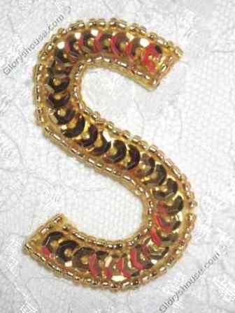 0464  Gold Letter ( S ) Sequin Beaded Applique  2"
