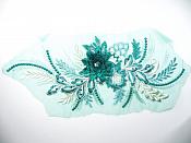 3D Applique Embroidered Floral Metallic Teal Beige Rhinestone Craft Patch 14" RMGB717
