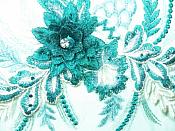 3D Applique Embroidered Floral Metallic Teal Beige Rhinestone Craft Patch 14" RMGB717