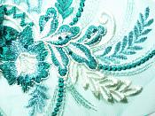 3D Applique Embroidered Floral Metallic Teal Beige Rhinestone Craft Patch 14" RMGB717