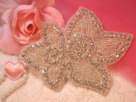 XR46  Floral Crystal Beaded Rhinestone Applique 4"