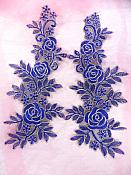 Floral Embroidered Appliques Blue Gold Dance Costume Mirror Pairs 15.75" GB680X