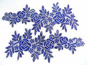 Floral Embroidered Appliques Blue Gold Dance Costume Mirror Pairs 15.75" GB680X